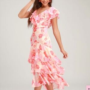 Lulu's Alison Pink Floral Ruffle Midi Dress